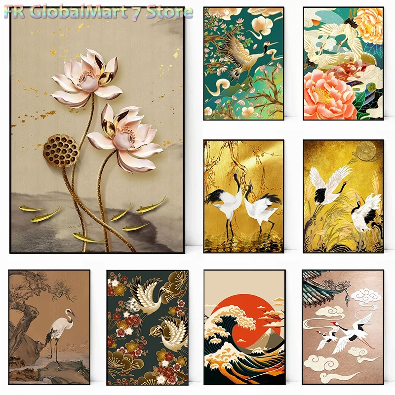 Resin Art Wallpaper - 빈티지 스타일의 학 그림 벽 장식,